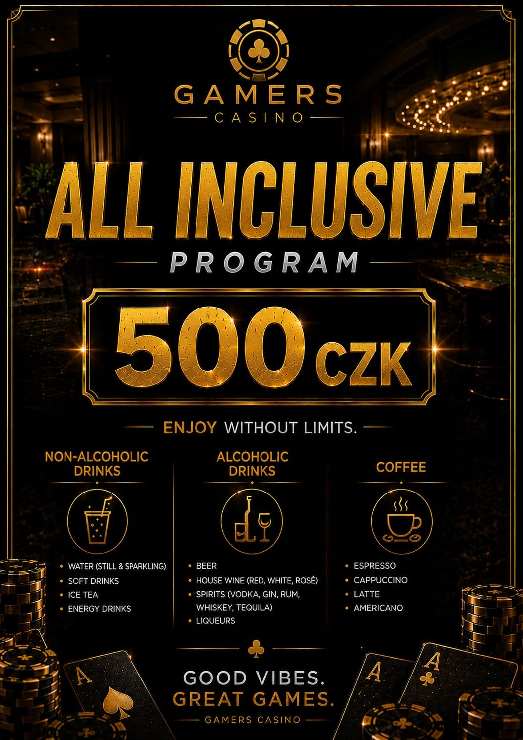 Plakát programu All Inclusive v Gamers Casino Praha za 500 Kč — neomezená konzumace na baru: nealkoholické nápoje, pivo, víno, destiláty a káva