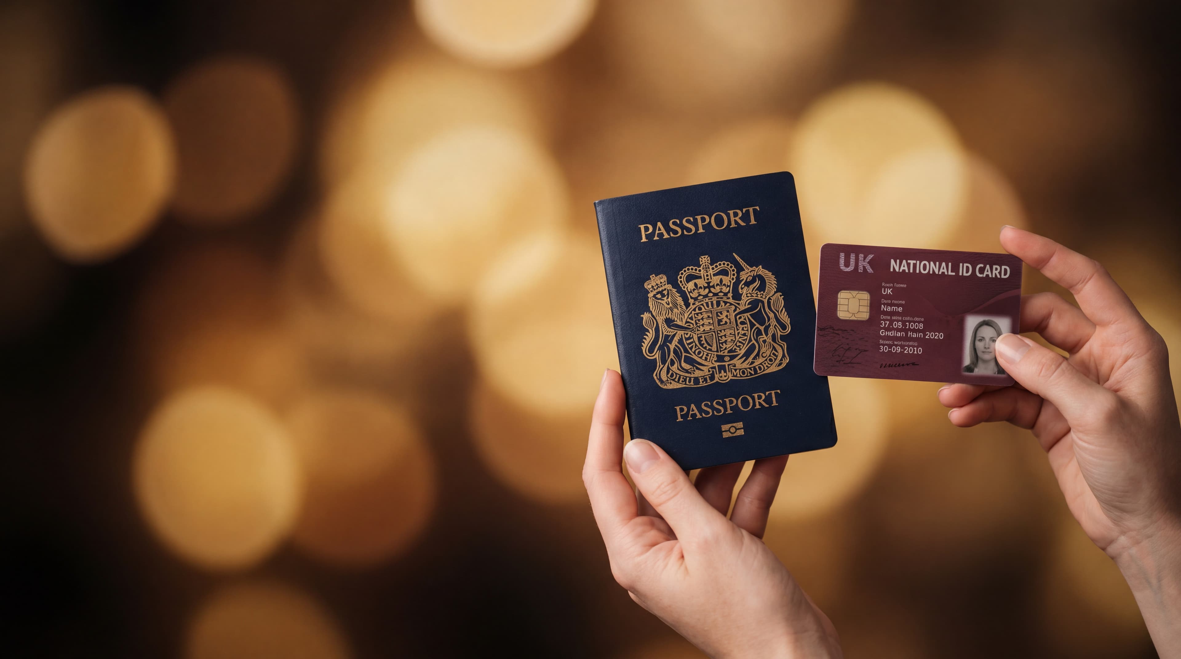 Passport and national ID card held in front of a warm gold bokeh — casino registration in Prague