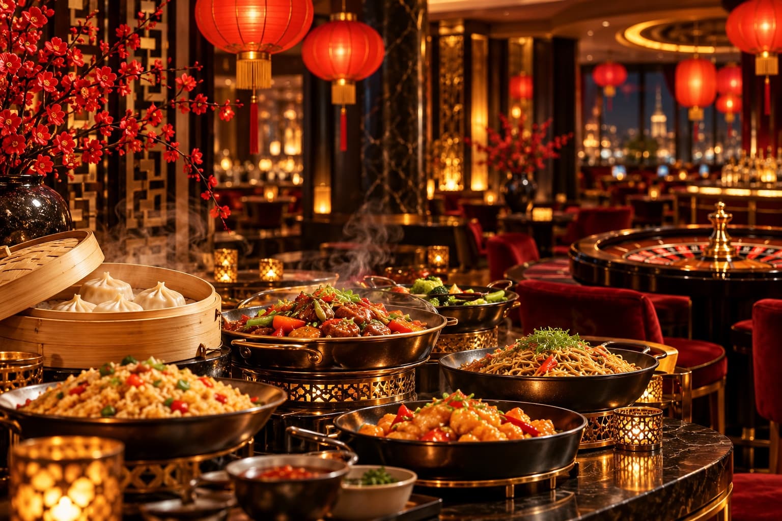 Thematic illustration of a Chinese-inspired buffet with red lanterns and a roulette wheel in a warmly lit casino lounge