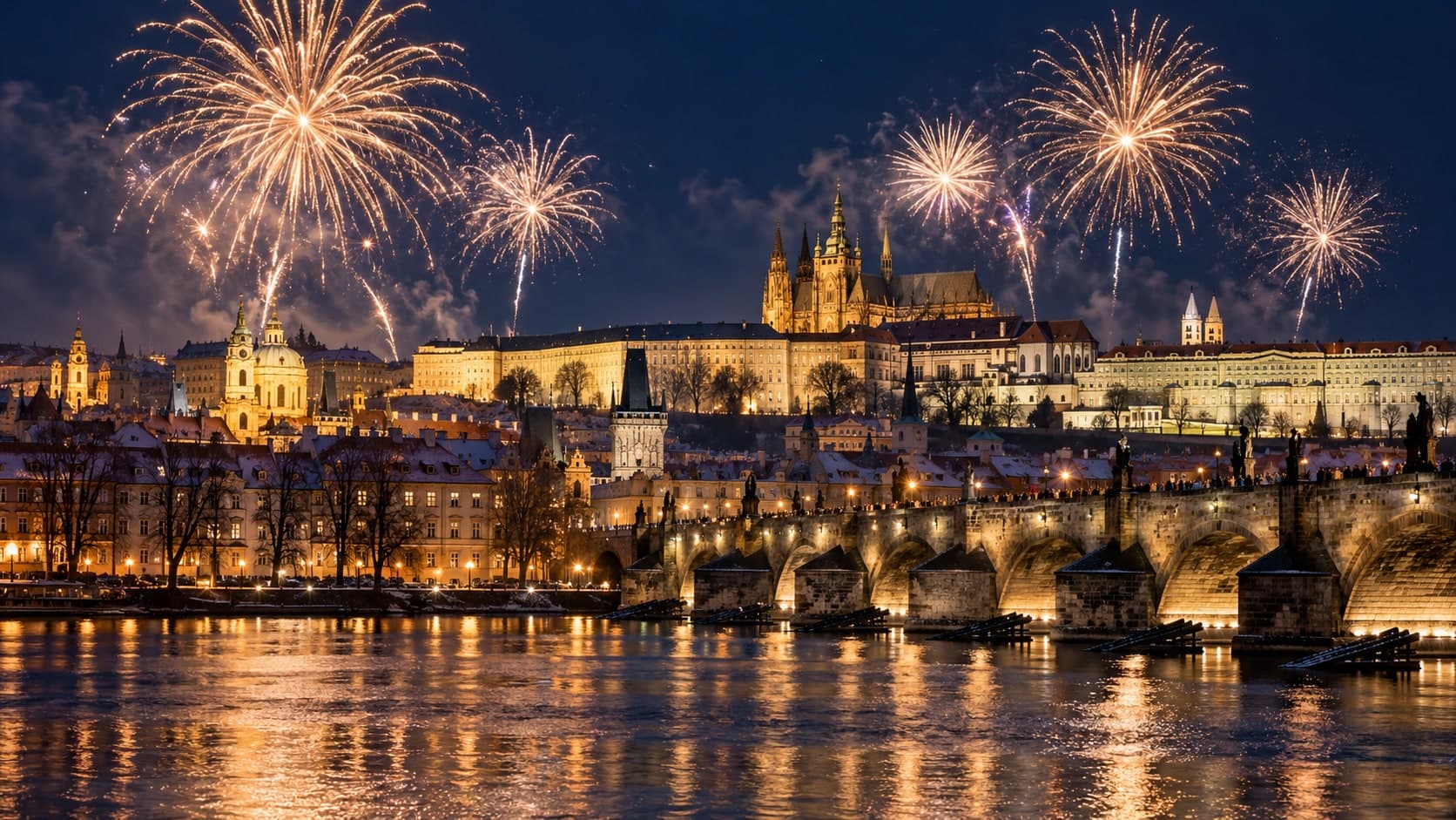 AI-generated illustration of New Year's Eve fireworks over Charles Bridge and Prague Castle, reflected in the Vltava at night