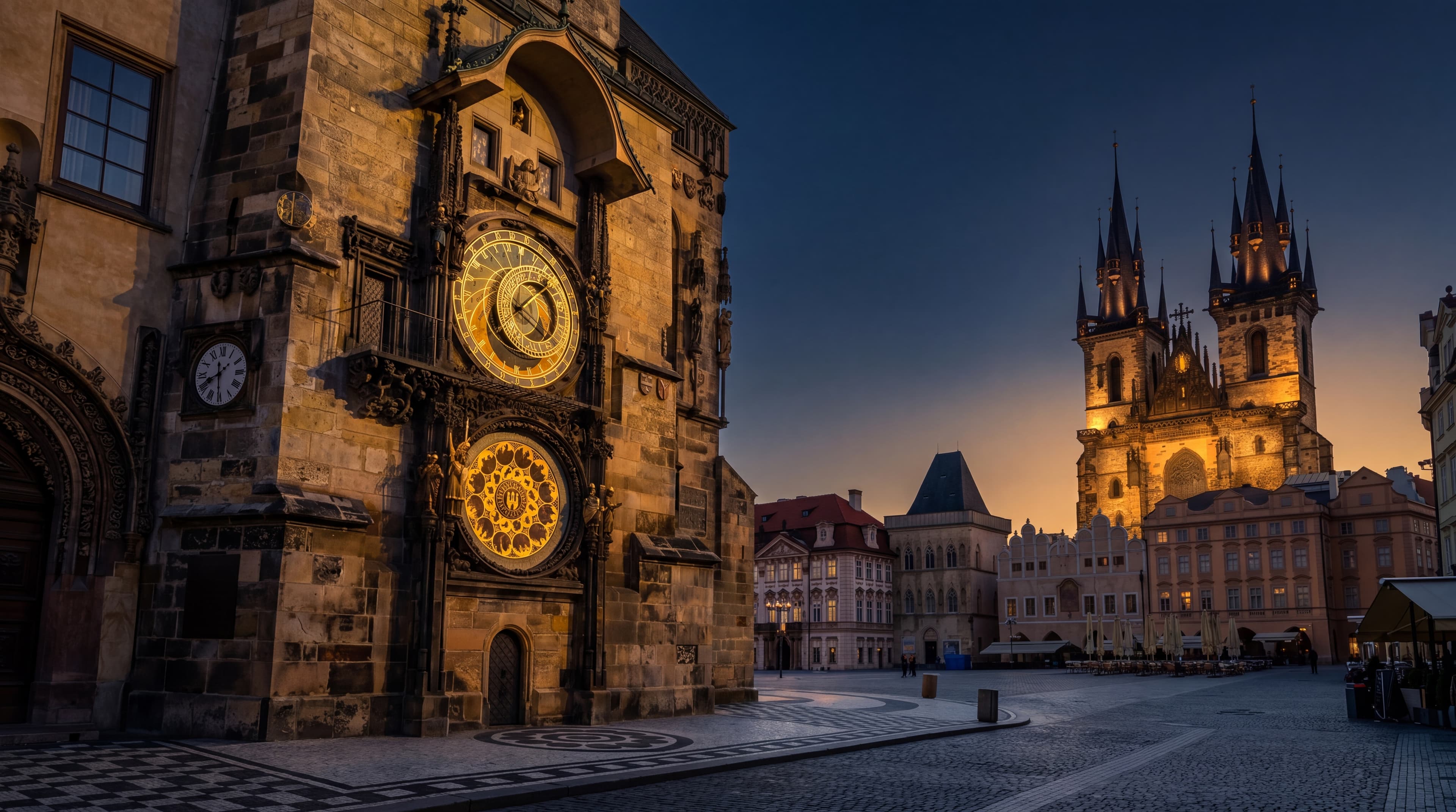 Staroměstský orloj a Týnský chrám v Praze za soumraku