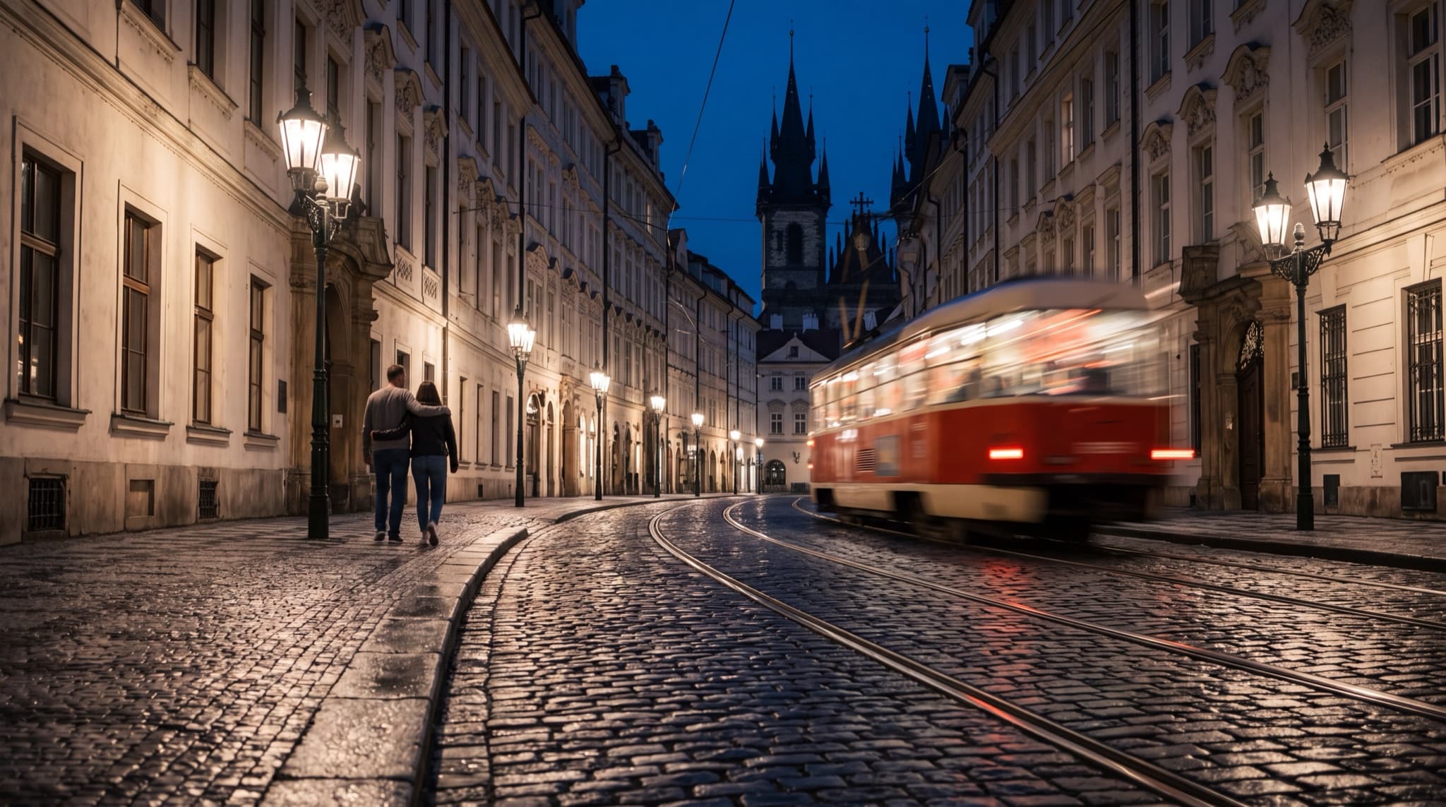 Historic red tram passing through a cobblestone street in Prague at night, Týn Church spires in the background — Prague after dark