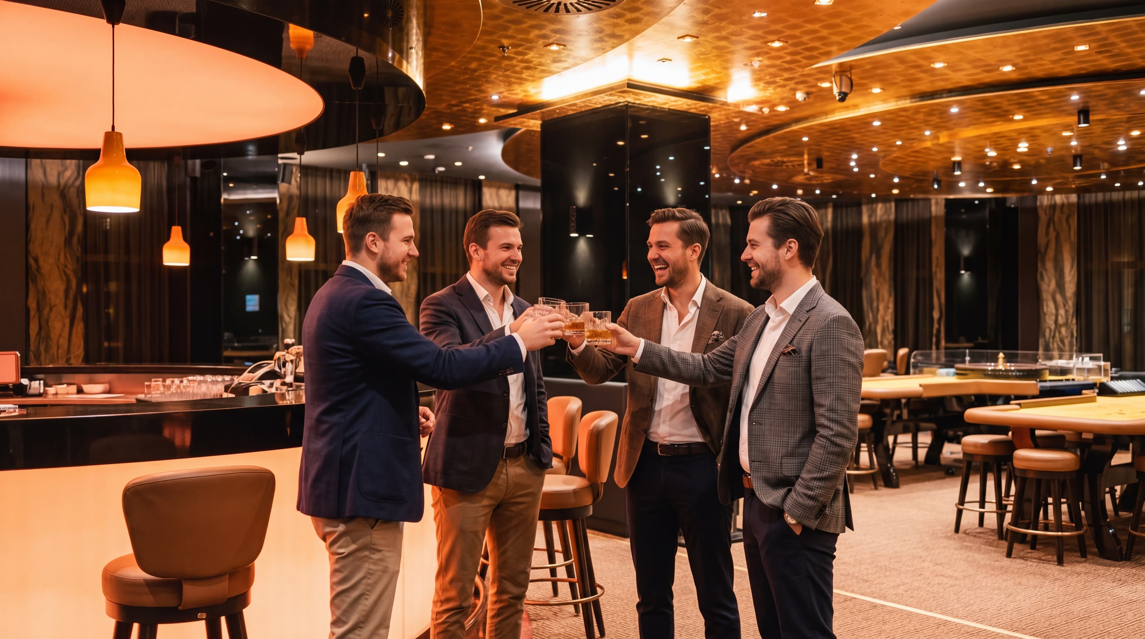 Group of friends toasting cocktails at a casino bar in central Prague at night — bachelor party night out with poker, blackjack and roulette