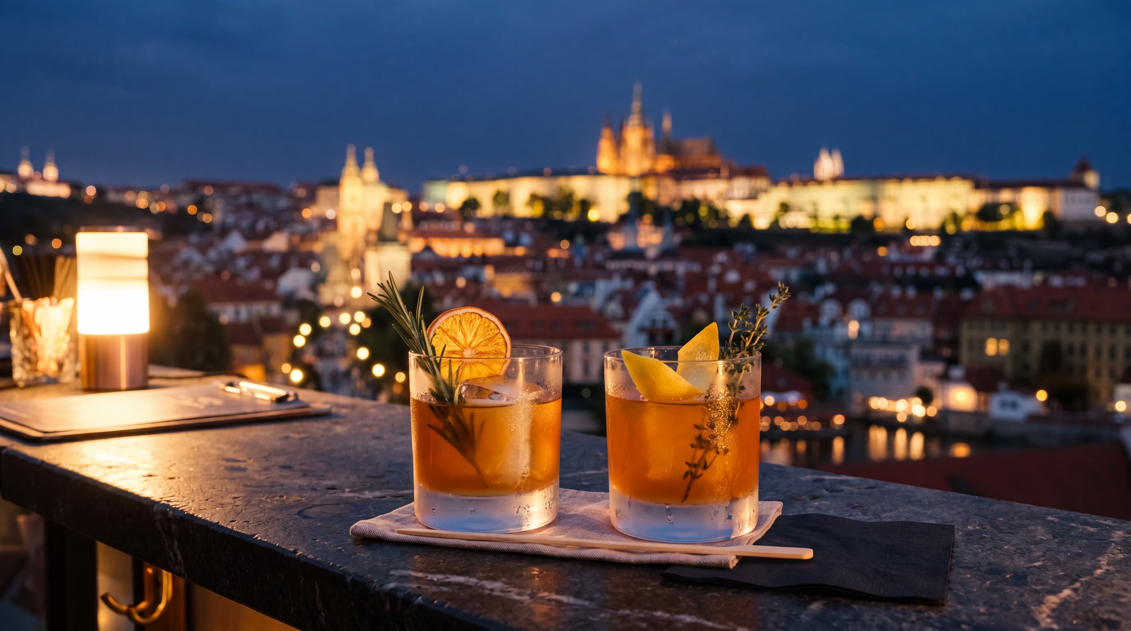 Two signature cocktails on a rooftop bar overlooking illuminated Prague Castle at night — Prague nightlife and casino bar atmosphere